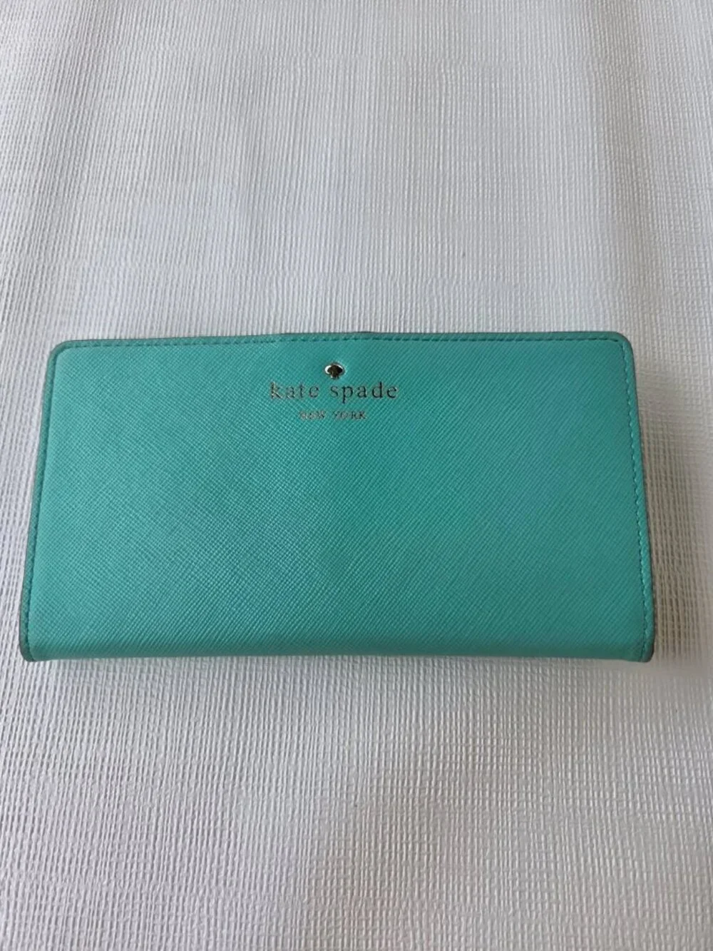 Kate Spade Mikas Pond Staci Folding Wallet Vibrant Aqua Green Saffiano Leather